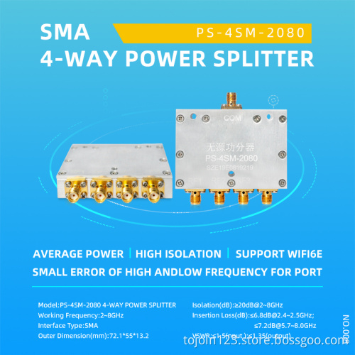 0.8-8GHz precision 4 way power splitter Power Divider with SMA connector